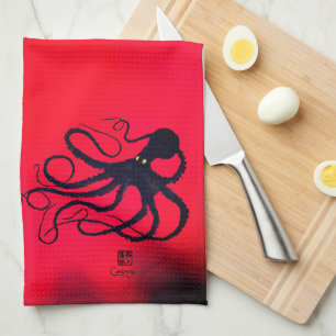 Sybille's octopus op Red - Kitchen Towel Theedoek