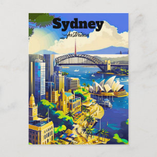 Sydney ansichtkaart, handgetekende stadkaart, geïl briefkaart