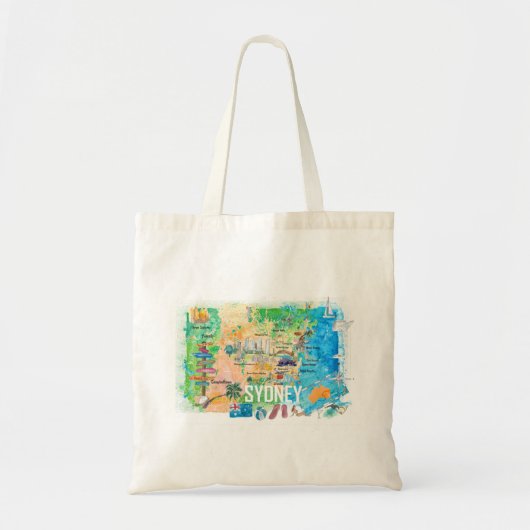 Sydney Australia Illustrated Map met Landmarks Tote Bag (Voorkant)