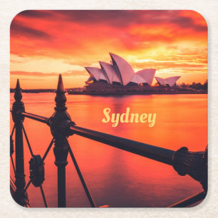 Sydney Australia Opera House Oranje Sky Vierkante Kartonnen Onderzetter
