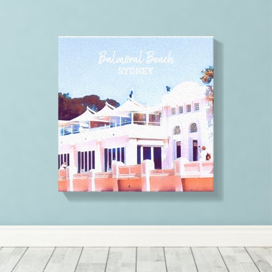 Sydney Balmoral Beach retro Bathers Pavillion Canvas Afdruk (Insitu (Houten vloer))