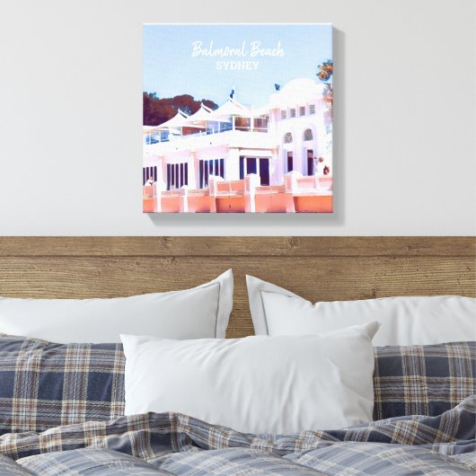 Sydney Balmoral Beach retro Bathers Pavillion Canvas Afdruk (Insitu (Slaapkamer))