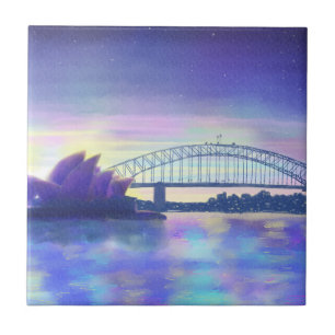 Sydney Harbour aquarel Paarse Zonsondergang Tegeltje