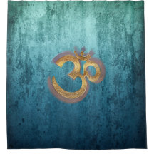 Symbole bleu OM de yoga de damassé d'or de rideau