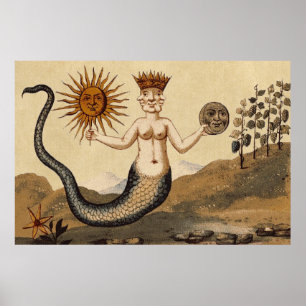 Symbolische alchemie met Sun en Moon Sepia Poster