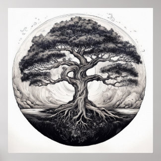 Symbolische inkttekening met een krachtige boom me poster
