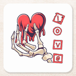 Symbolische liefde skelet hand geeft hart vierkante kartonnen onderzetter