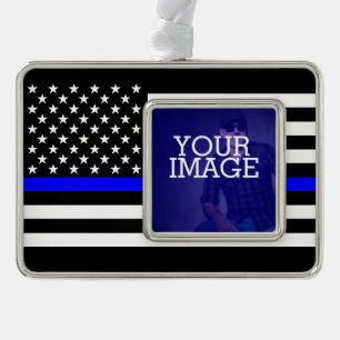 Symbolische Thin Blue Line US Vlag op je Afbeeldin Verzilverd Kader Ornament