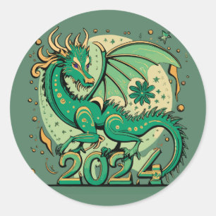 Symbool 2024 Nieuwjaar, groene houten draak Ronde Sticker