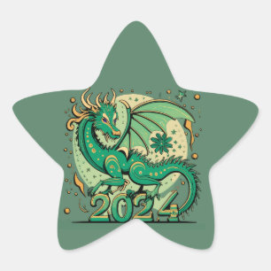 Symbool 2024 Nieuwjaar, groene houten draak Ster Sticker