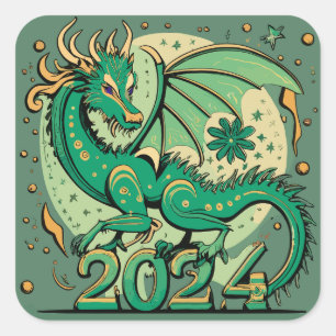 Symbool 2024 Nieuwjaar, groene houten draak Vierkante Sticker