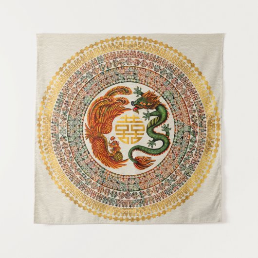 Symbool voor dubbel geluk met Phoenix en Dragon Wandkleed (Voorkant)