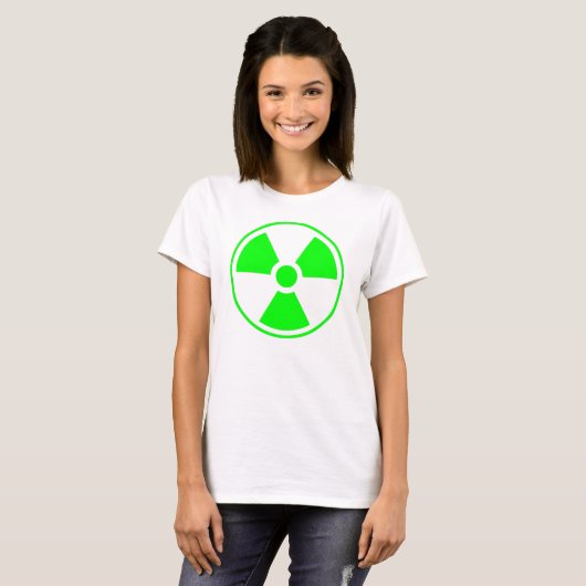 Symbool voor nucleaire radioactieve straling in gr t-shirt (Voorkant volledig)