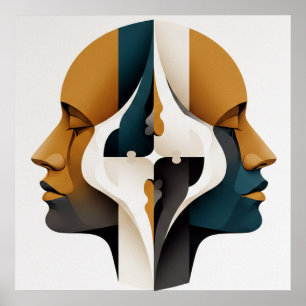 Symmetrisch abstract portret in oker en leisteen poster