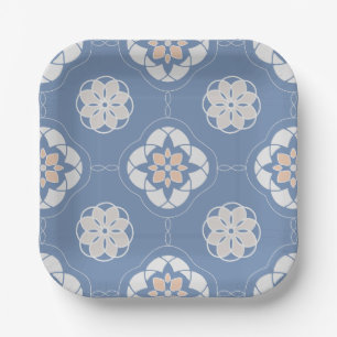Symmetrisch Oranje bloempatroon op blauw Papieren Bordje