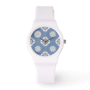 Symmetrisch Sinaasappels bloempatroon op blauw Horloge