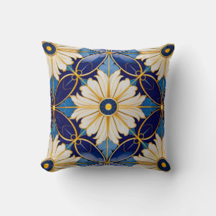 Symmetrische Art Deco Blauw Goud Bloemenpatroon Kussen