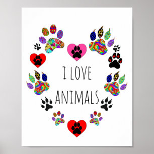 Sympa et coloré I Love Animals Poster 8X10"