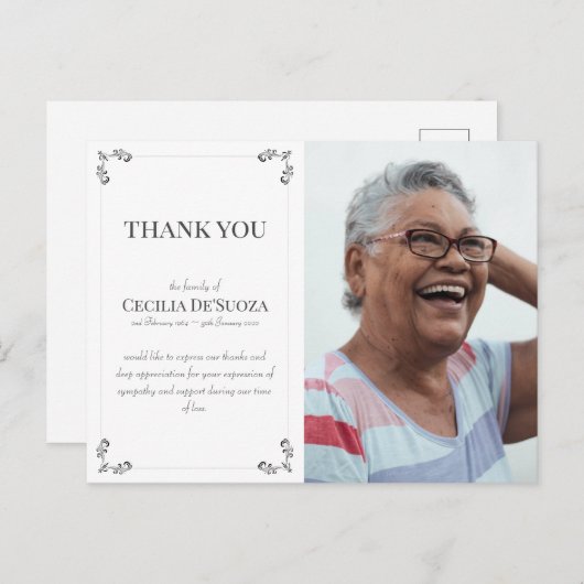 Sympathie Aangepaste Foto Begrafenis Dank u Wit Briefkaart (Voorkant / Achterkant)