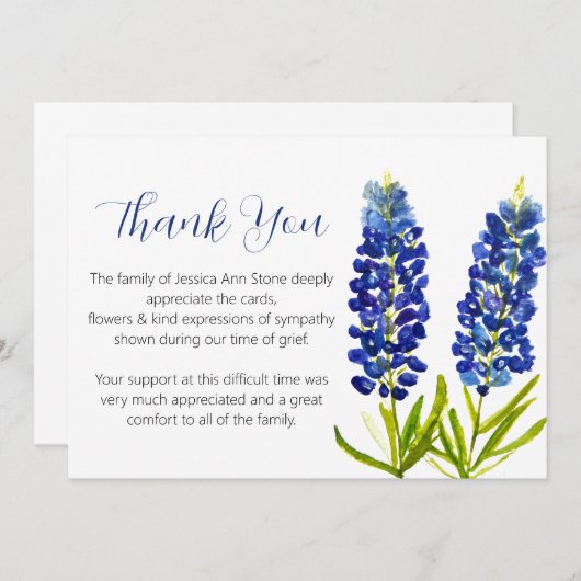 Sympathie Bluebonnets Begrafenis Dood Dank u Kaart (Voorkant / Achterkant)
