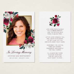 Sympathie Elegant Red Rose Gold Photo Prayer Card Visitekaartje