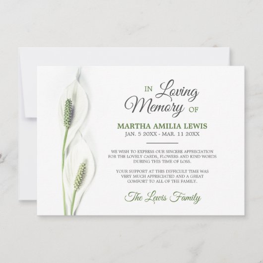 Sympathie Funérailles Calla Lily Fleurs Merci (Devant)