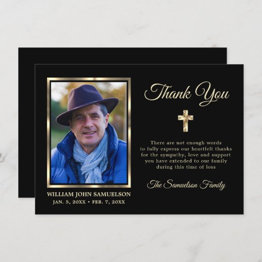 Sympathie Funeral Memory DANK U Gold Cross Photo Bedankkaart (Voorkant / Achterkant)