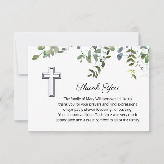 Sympathie Greenery met Cross Funeral Dank u Bedankkaart (Voorkant)
