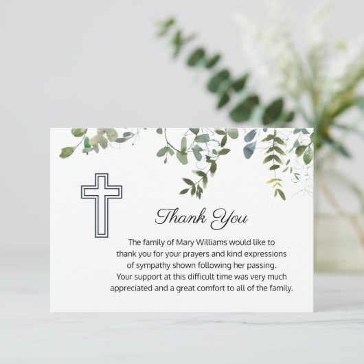 Sympathie Greenery met Cross Funeral Dank u Bedankkaart (Staand voorkant)
