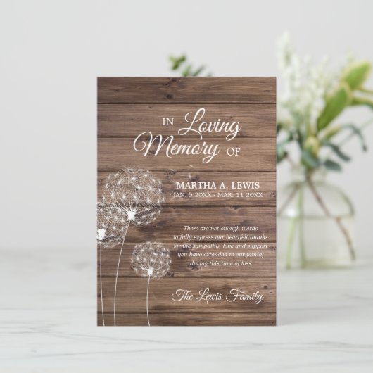 Sympathie Memorial Dandelion Pappi Rustic DANK U Bedankkaart (Staand voorkant)