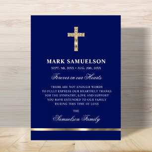 Sympathie Memorial Religieuze Cross Navy Gold Bedankkaart