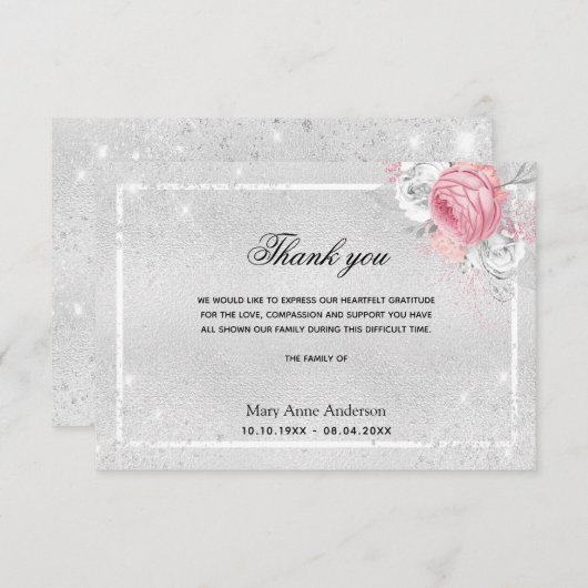 Sympathie zilverroze flroze dank u bedankkaart (Voorkant / Achterkant)