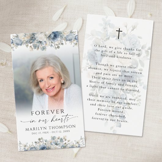 Sympathy Blue Floral Photo Cross Prayer Card Visitekaartje