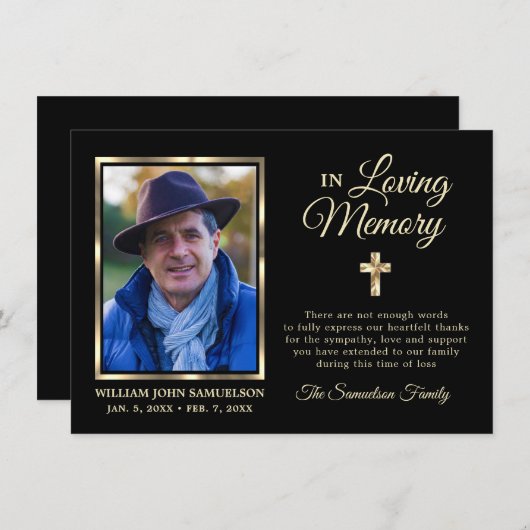 Sympathy Funeral Memory MERCI Gold Cross Photo (Devant / Derrière)