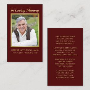 Sympathy Maroon Gold Photo Funeral Memorial Kaart Visitekaartje