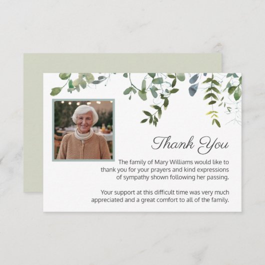 Sympathy Photo Greenery Begrafenis Dank u Bedankkaart (Voorkant / Achterkant)