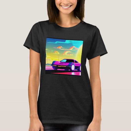 Synthwave car outrun retrowave futuresynth sci fi  t-shirt (Voorkant)