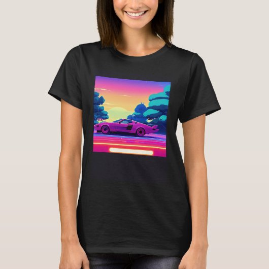 Synthwave car outrun retrowave futuresynth sci fi  t-shirt (Voorkant)