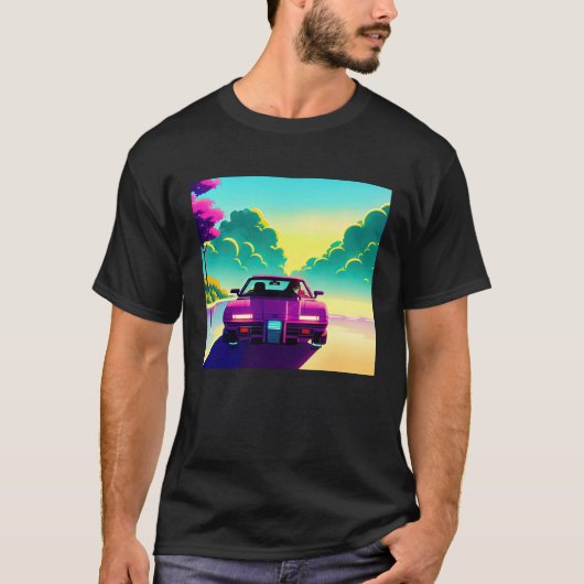 Synthwave car outrun retrowave futuresynth sci fi t-shirt (Voorkant)