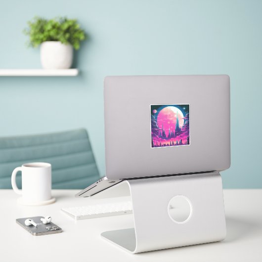Synthwave City Skyline Sticker (Laptop op bureau)