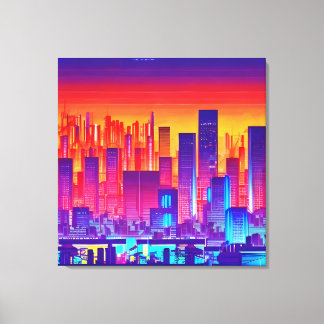 Synthwave/Cyberpunk City op Sunset Canvas Afdruk