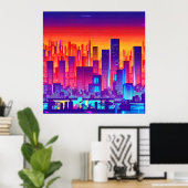 Synthwave/Cyberpunk City op Sunset Poster (Thuiskantoor)