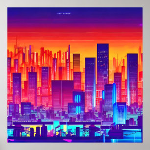 Synthwave/Cyberpunk City op Sunset Poster