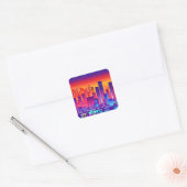 Synthwave/Cyberpunk City op Sunset Vierkante Sticker (Envelop)
