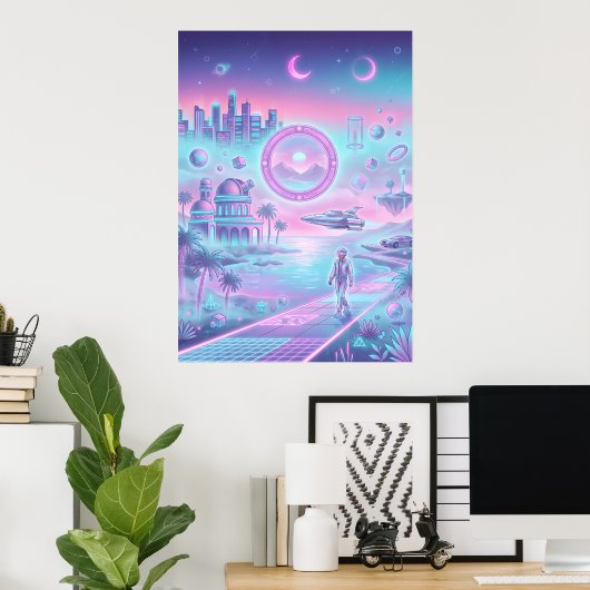 Synthwave Futuristische Stad Poster | Neon Sci-Fi (Thuiskantoor)