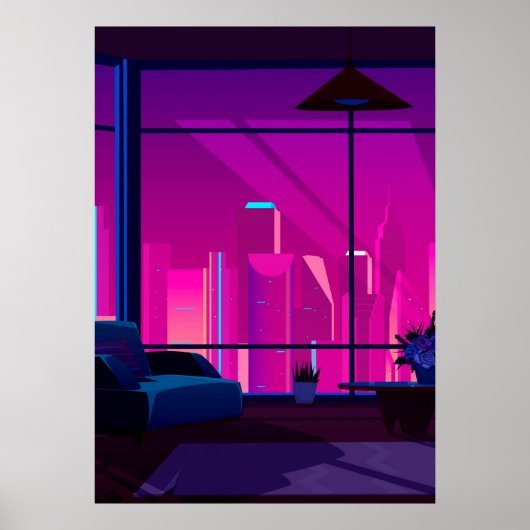 Synthwave Neon City: terras, penthouse Poster (Voorkant)