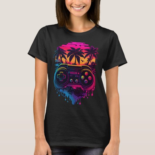 Synthwave Retrowave Videogame Controller Kleurrijk T-shirt (Voorkant)