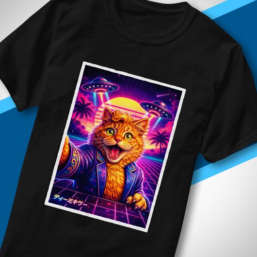 Synthwave UFO Kat Portret 80s Retro Futuristisch T-shirt