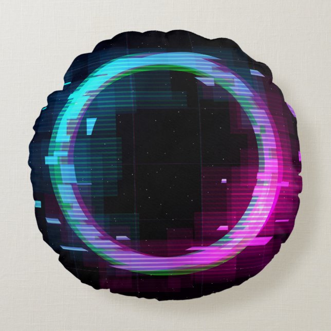Synthwave Vaporwave Retrowave Glitch Circle with b Rond Kussen (Voorkant)