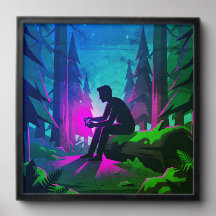 Synthwave-videospelersilhouet in het bos